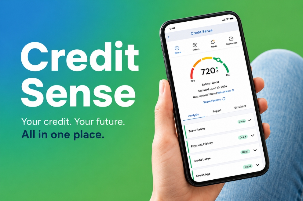 Person holding mobile app with Credit Sense. Your credit. Your future. All in one place.