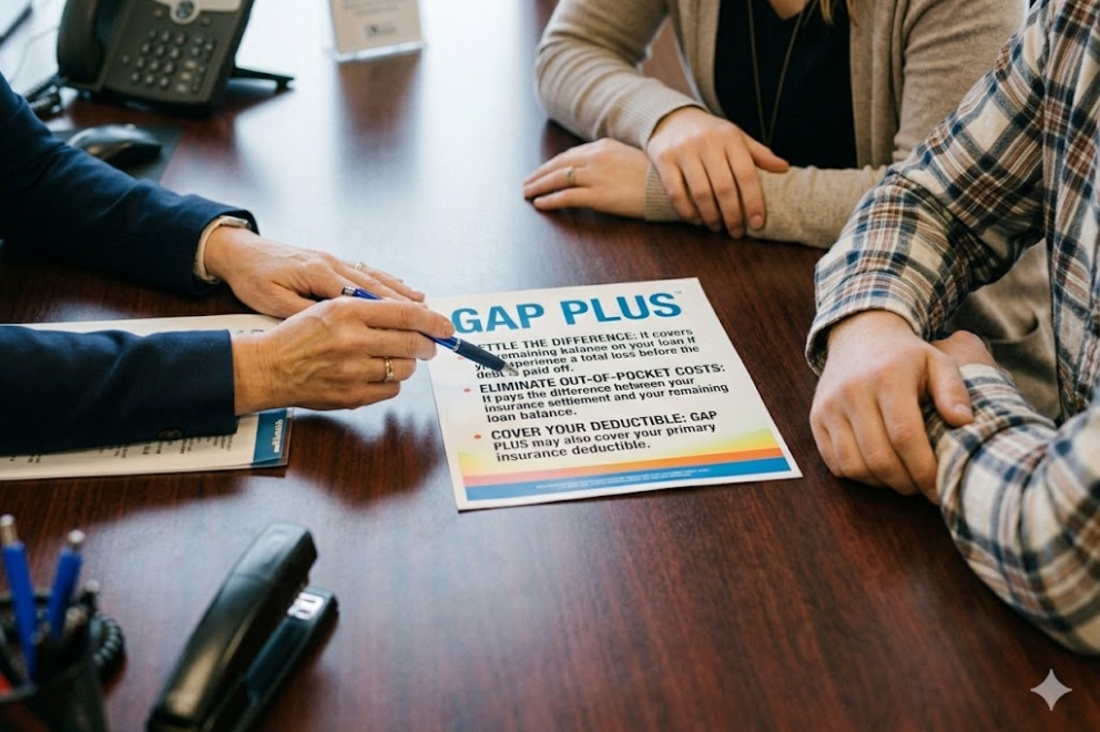 Three people reviewing GAP PLUS flyer