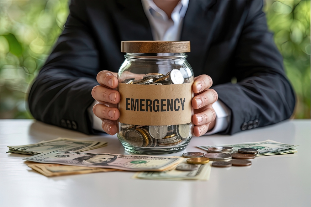 Man holding jar with Emergency label and coins inside